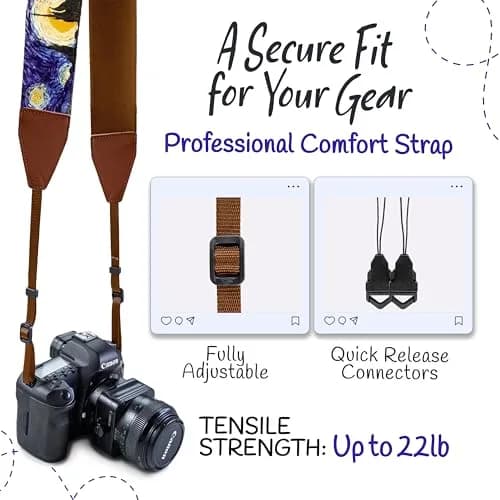 Art Tribute Van Gogh Starry Night Camera Strap | Adjustable Neck, Shoulder & Crossbody, Fits All Cameras, Padded Cotton Weave, Quick Release, Leather Ends thumbnail 4