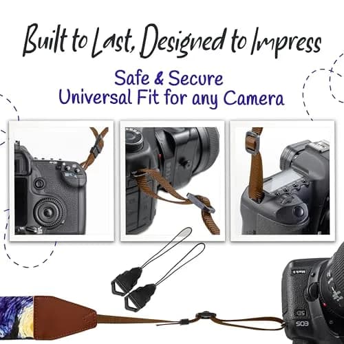 Art Tribute Van Gogh Starry Night Camera Strap | Adjustable Neck, Shoulder & Crossbody, Fits All Cameras, Padded Cotton Weave, Quick Release, Leather Ends thumbnail 7