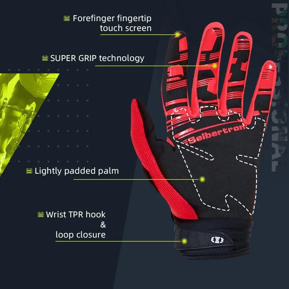 Seibertron Unisex MX ATV MTB Racing Gloves - Full Finger Touchscreen Glove for Bicycle Cycling Mountain Biking Motorcycle and Motocross Red L | Impact & Grip thumbnail 4