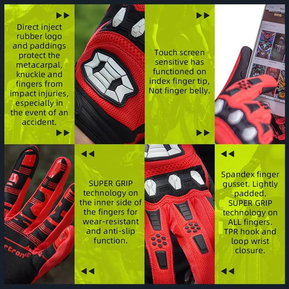 Seibertron Unisex MX ATV MTB Racing Gloves - Full Finger Touchscreen Glove for Bicycle Cycling Mountain Biking Motorcycle and Motocross Red L | Impact & Grip thumbnail 5