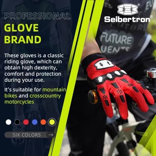 Seibertron Unisex MX ATV MTB Racing Gloves - Full Finger Touchscreen Glove for Bicycle Cycling Mountain Biking Motorcycle and Motocross Red L | Impact & Grip thumbnail 2