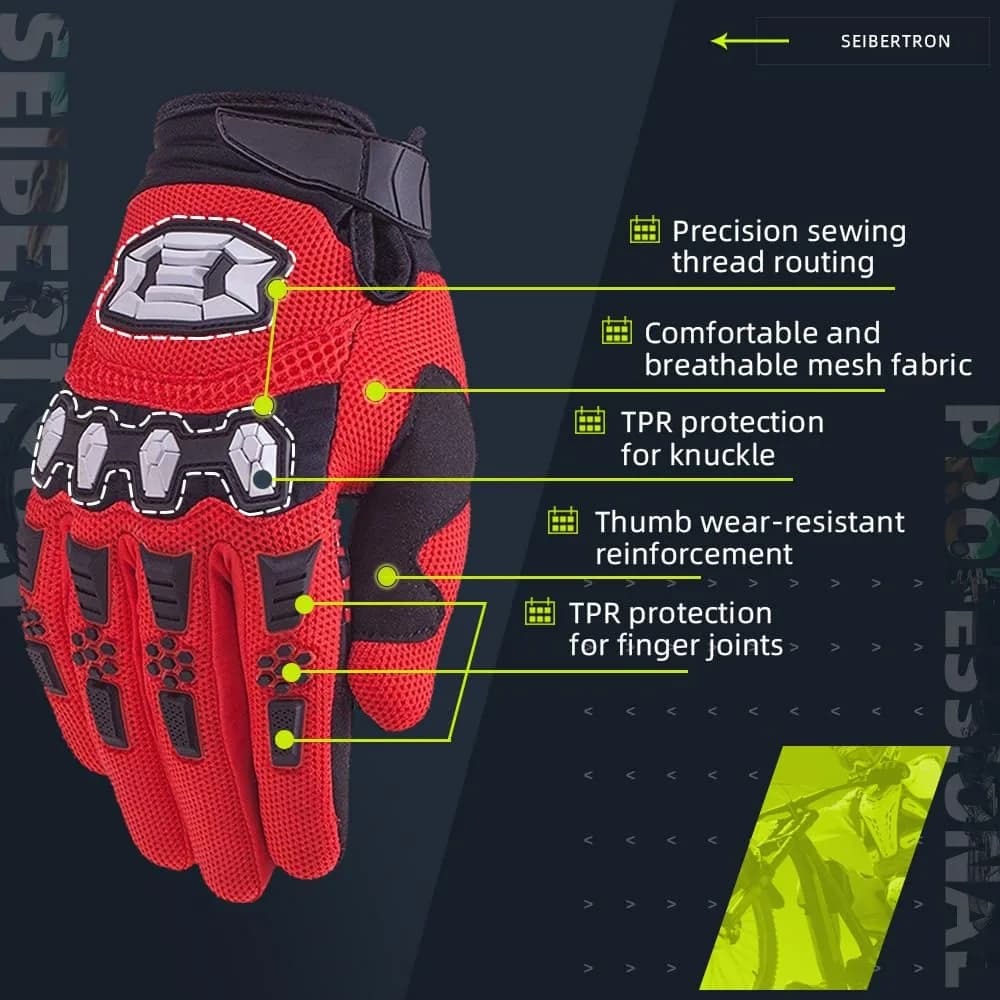 Seibertron Unisex MX ATV MTB Racing Gloves - Full Finger Touchscreen Glove for Bicycle Cycling Mountain Biking Motorcycle and Motocross Red L | Impact & Grip thumbnail 3