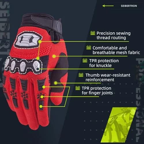 Seibertron Unisex MX ATV MTB Racing Gloves - Full Finger Touchscreen Glove for Bicycle Cycling Mountain Biking Motorcycle and Motocross Red XL | Durable, Fitted, Impact-Resistant thumbnail 3