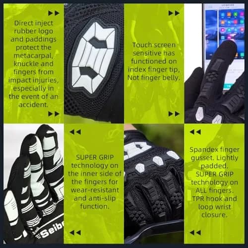 Seibertron Unisex MX ATV MTB Racing Gloves XL Black | Full Finger Touchscreen Protection thumbnail 5