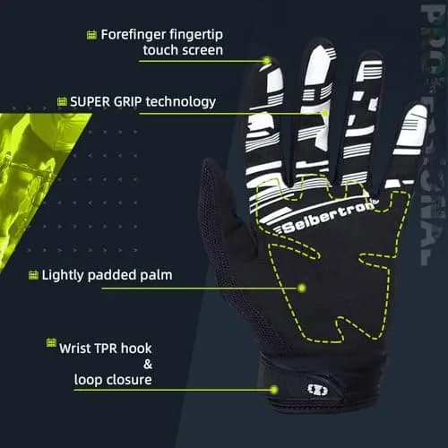 Seibertron Unisex BMX MX ATV MTB Racing Gloves - Full Finger, Black M | Touch Recognition for Road Racing & Motorcycle Sports thumbnail 4