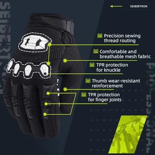 Seibertron Unisex BMX MX ATV MTB Racing Gloves - Full Finger, Black M | Touch Recognition for Road Racing & Motorcycle Sports thumbnail 3