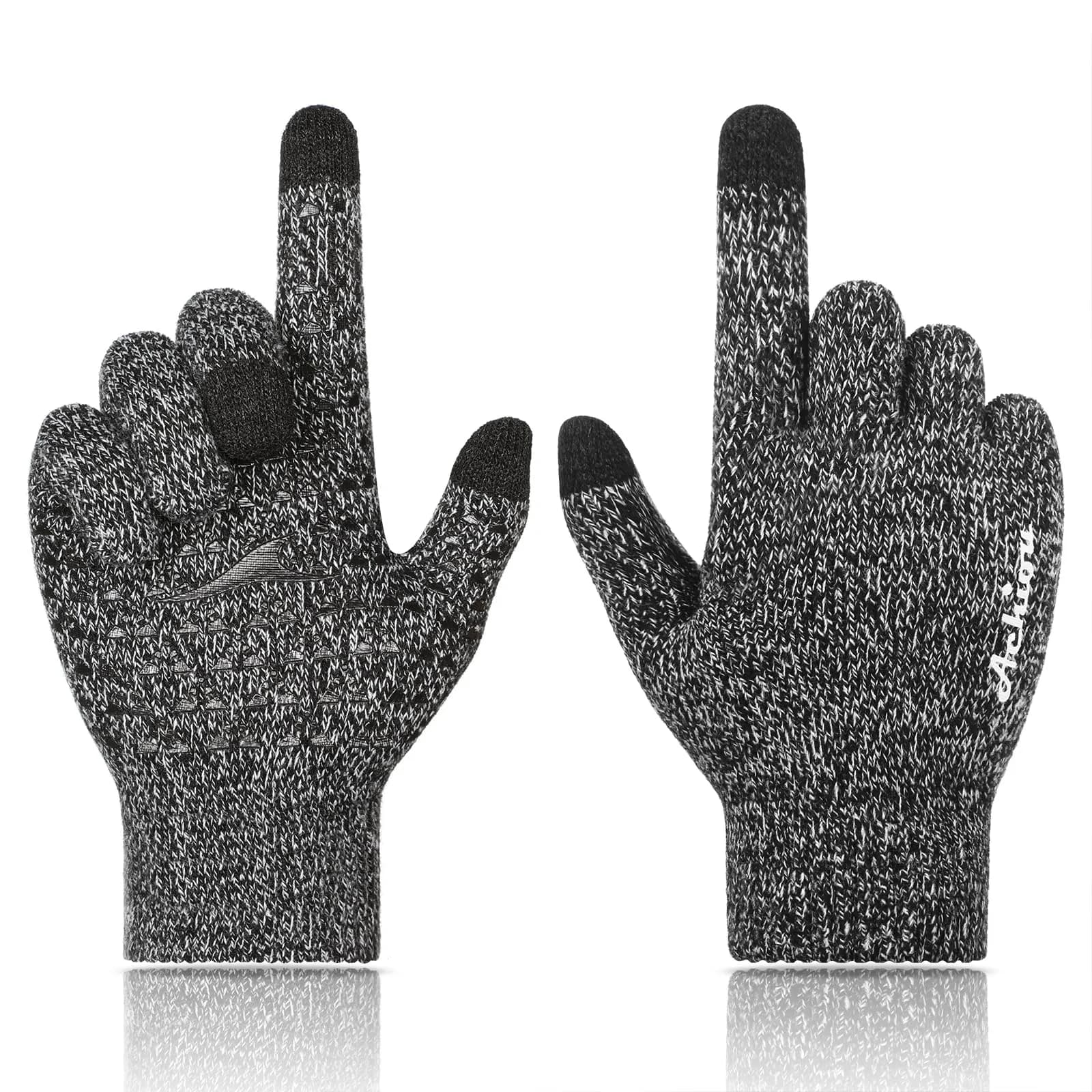 Achiou Winter Gloves for Men and Women, Touchscreen Knit Gloves | Warm, Breathable & Anti-Slip — Black & White
