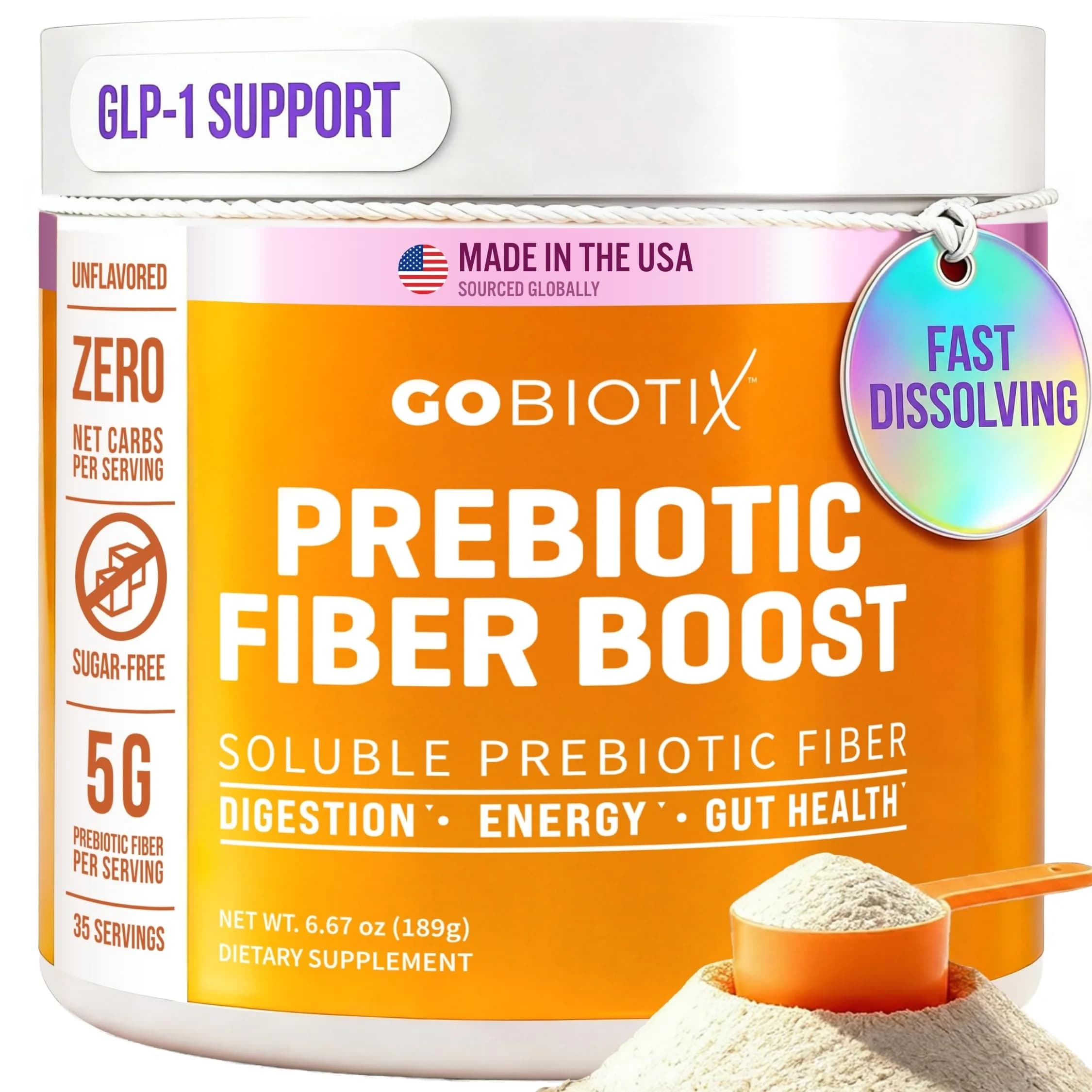 GOBIOTIX Fiber Supplement Powder with Prebiotics for Digestive Health & GLP-1 Support, Soluble Fiber for Gut & Debloat, Vegan, Gluten & Sugar Free, 35 Servings — Unflavored