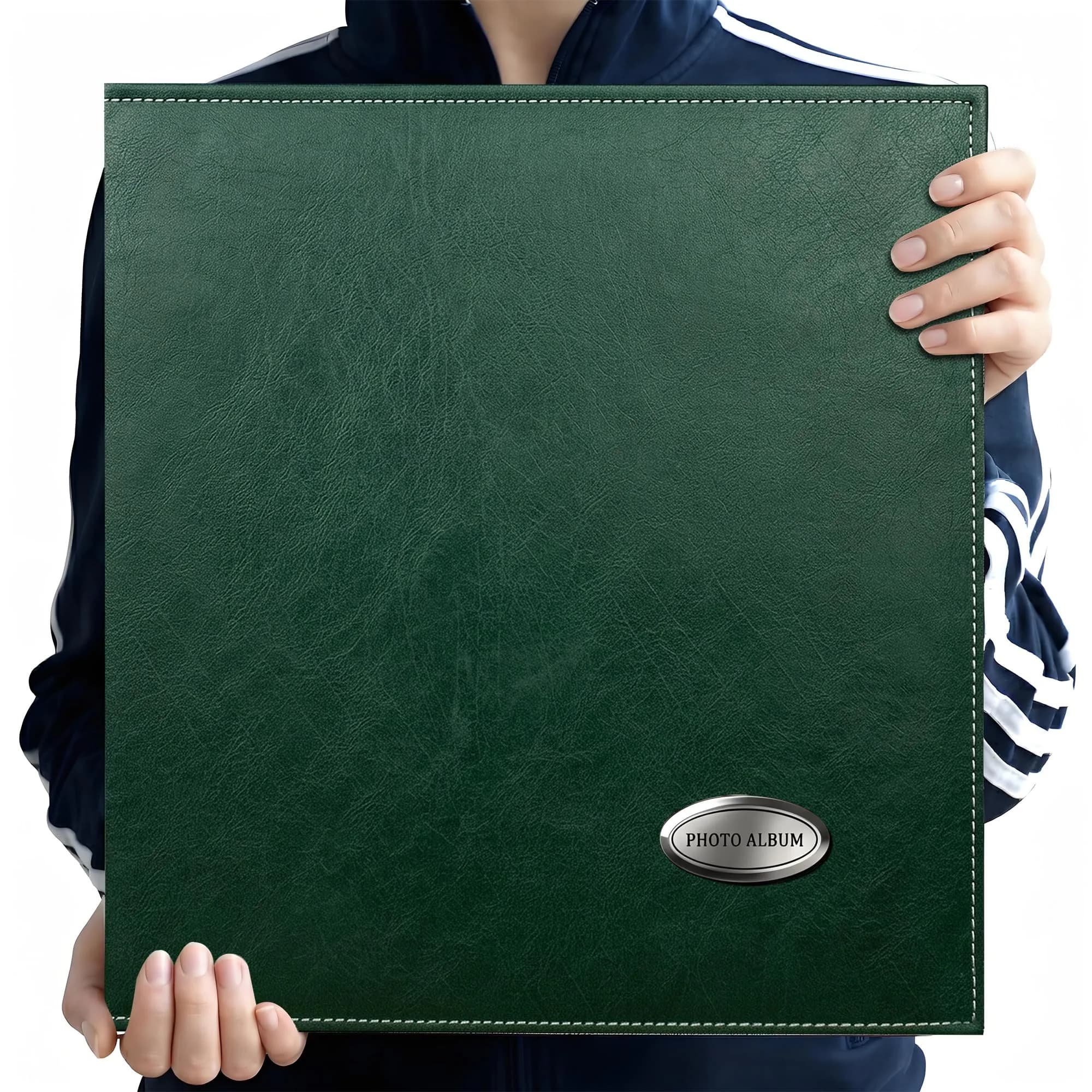 Zoview Self-Adhesive Photo Album Black Leather Cover 33.5cm (13.2in) | Holds 40 Pages of Various Photo Sizes — Green / Large