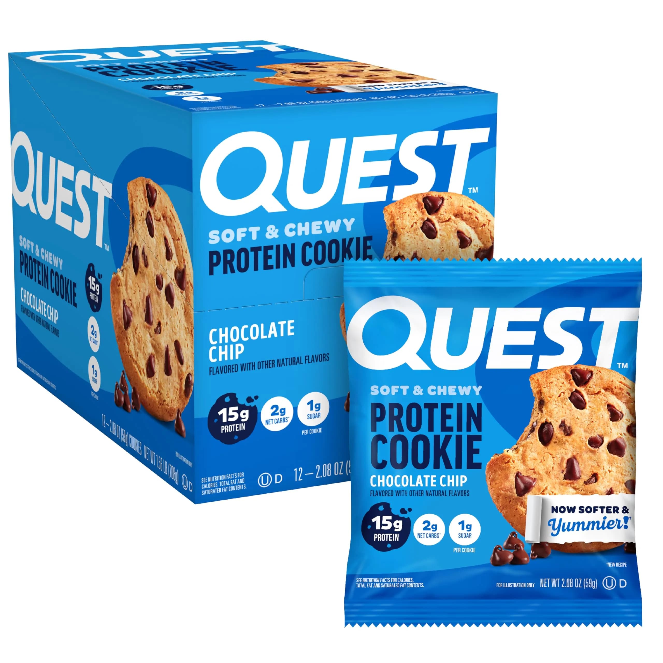 Quest Chocolate Chip Protein Cookie 15g Protein, 1g Sugar, 2g Net Carbs, Keto Friendly, Soft & Yummy — 12 Count (59g Each) - main product image