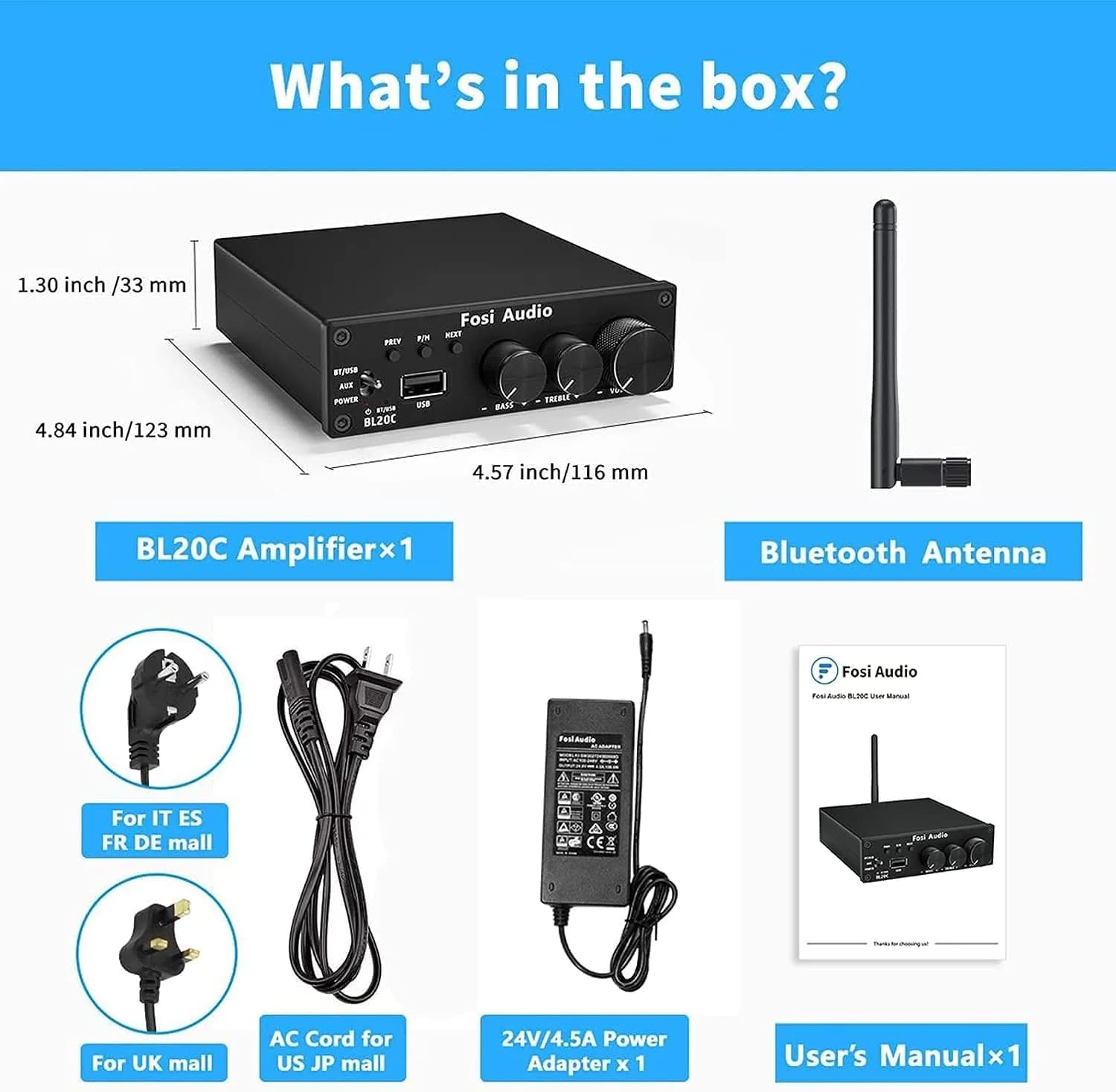Fosi Audio BL20C Bluetooth 5.0 Stereo Receiver Amplifier 320 Watts 2.1 CH Mini Hi-Fi Class D TDA7498E Integrated Amp with U-Disk Player and Power Supply - view 6