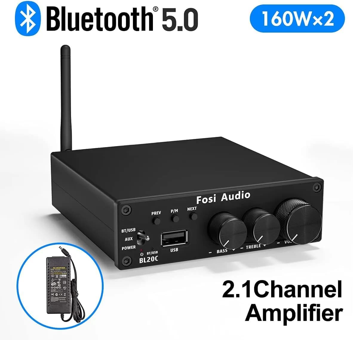 Fosi Audio BL20C Bluetooth 5.0 Stereo Receiver Amplifier 320 Watts 2.1 CH Mini Hi-Fi Class D TDA7498E Integrated Amp with U-Disk Player and Power Supply - view 7