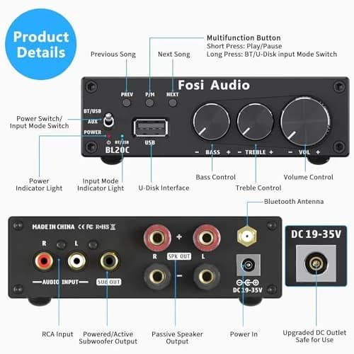 Fosi Audio BL20C Bluetooth 5.0 Stereo Receiver Amplifier 320 Watts 2.1 CH Mini Hi-Fi Class D TDA7498E Integrated Amp with U-Disk Player and Power Supply thumbnail 2