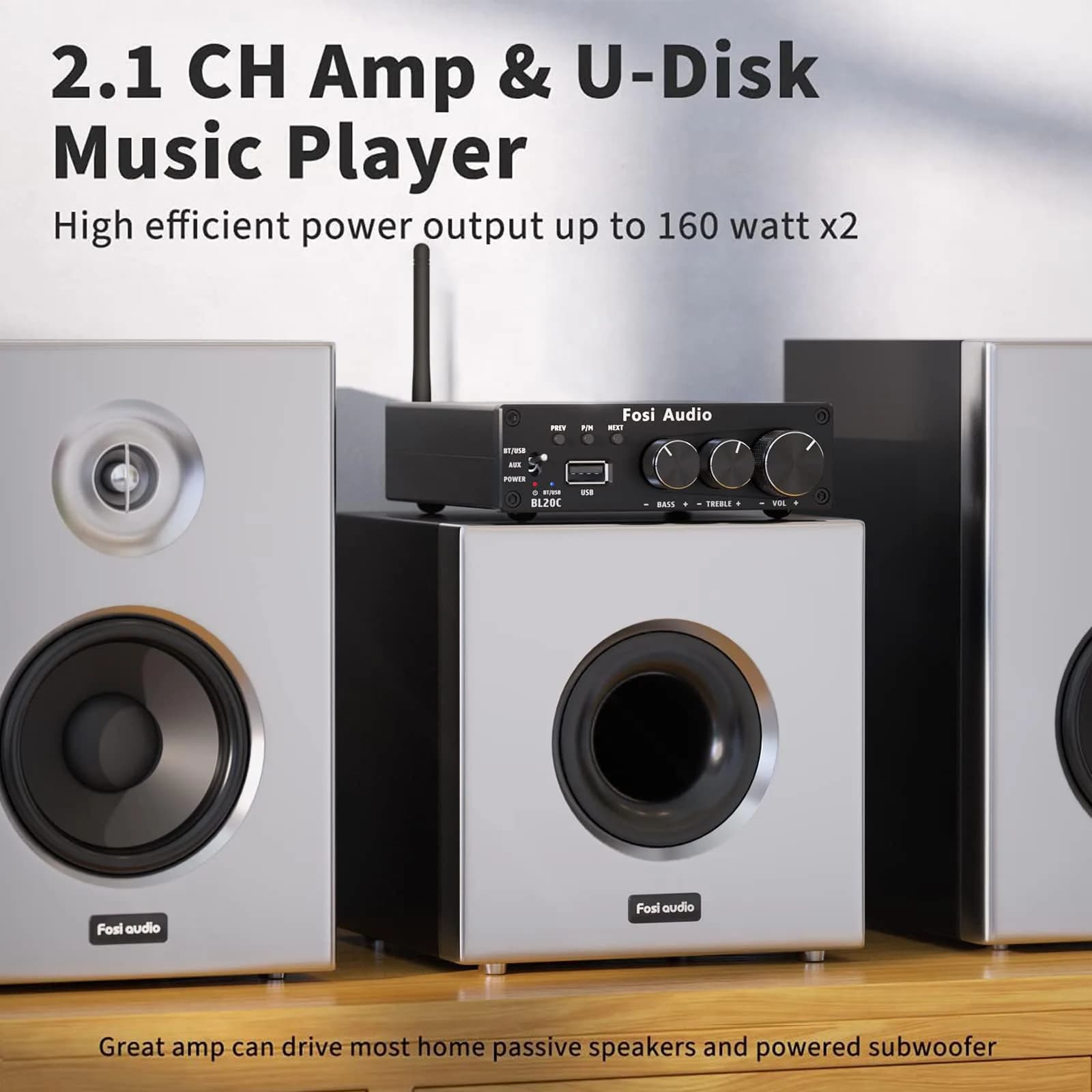 Fosi Audio BL20C Bluetooth 5.0 Stereo Receiver Amplifier 320 Watts 2.1 CH Mini Hi-Fi Class D TDA7498E Integrated Amp with U-Disk Player and Power Supply - view 3