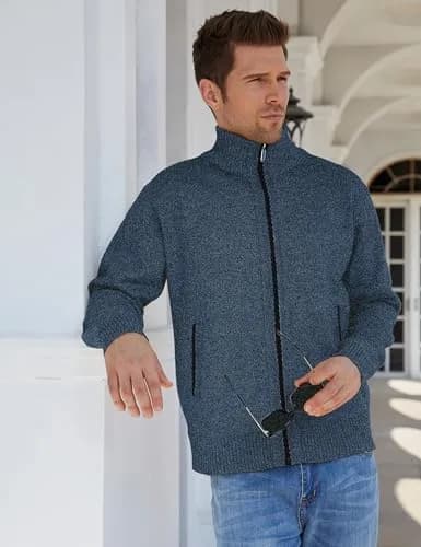 Yeokou Men's Casual Slim Full Zip Thick Knitted Cardigan Sweater with Pockets (Medium, Blue001) | Warm & Durable Knit for Casual & Office thumbnail 6