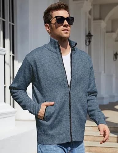 Yeokou Men's Casual Slim Full Zip Thick Knitted Cardigan Sweater with Pockets (Medium, Blue001) | Warm & Durable Knit for Casual & Office thumbnail 7