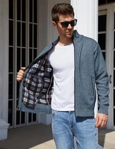 Yeokou Men's Casual Slim Full Zip Thick Knitted Cardigan Sweater with Pockets (Medium, Blue001) | Warm & Durable Knit for Casual & Office thumbnail 2