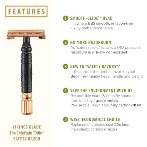 Vikings Blade Double Edge Safety Razor for Men + 5 Swedish Steel Blades + Luxury Case | Eco-Friendly & Reusable (Odin "Odin") thumbnail 2