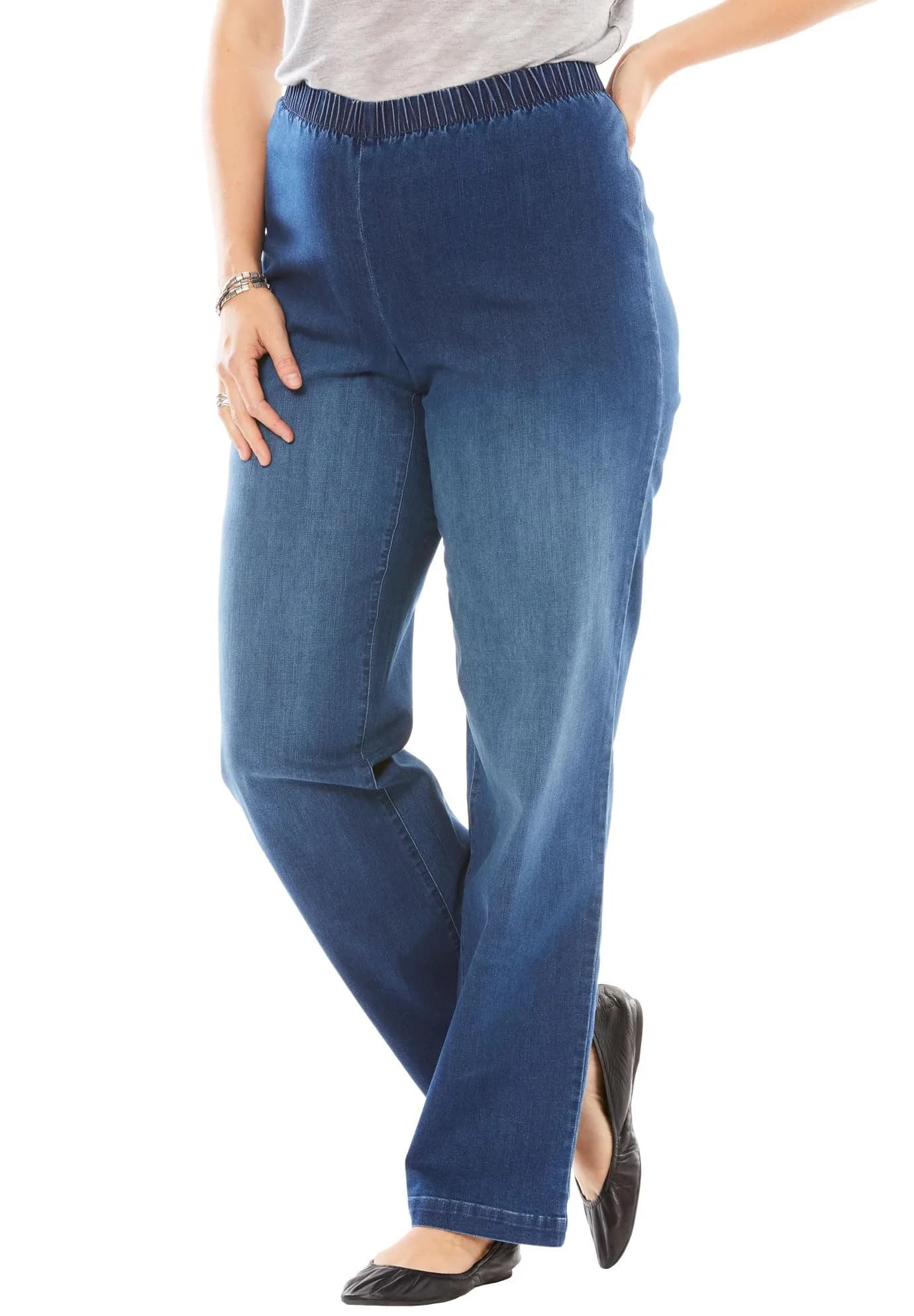Woman Within Fineline Stretch Denim Wide-Leg Pull-On Jeans | All-Day Comfort & Style (70-120 chars) — Stonewash Sanded / 18