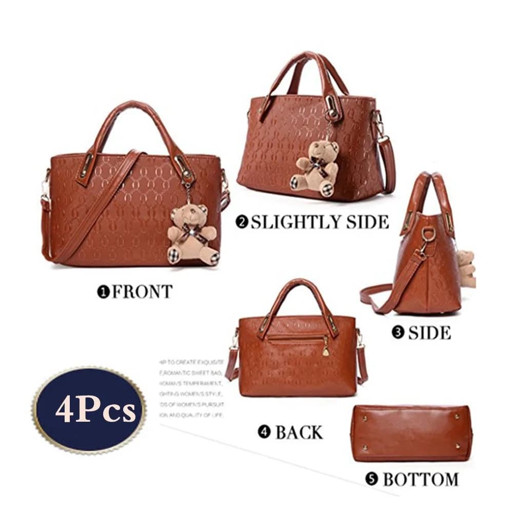 FiveloveTwo Women 4 Pcs Top Handle Satchel Hobo Handbag Set Large Tote +Purse +Shoulder Bag+Card Holder Brown | High-Quality PU Leather thumbnail 4