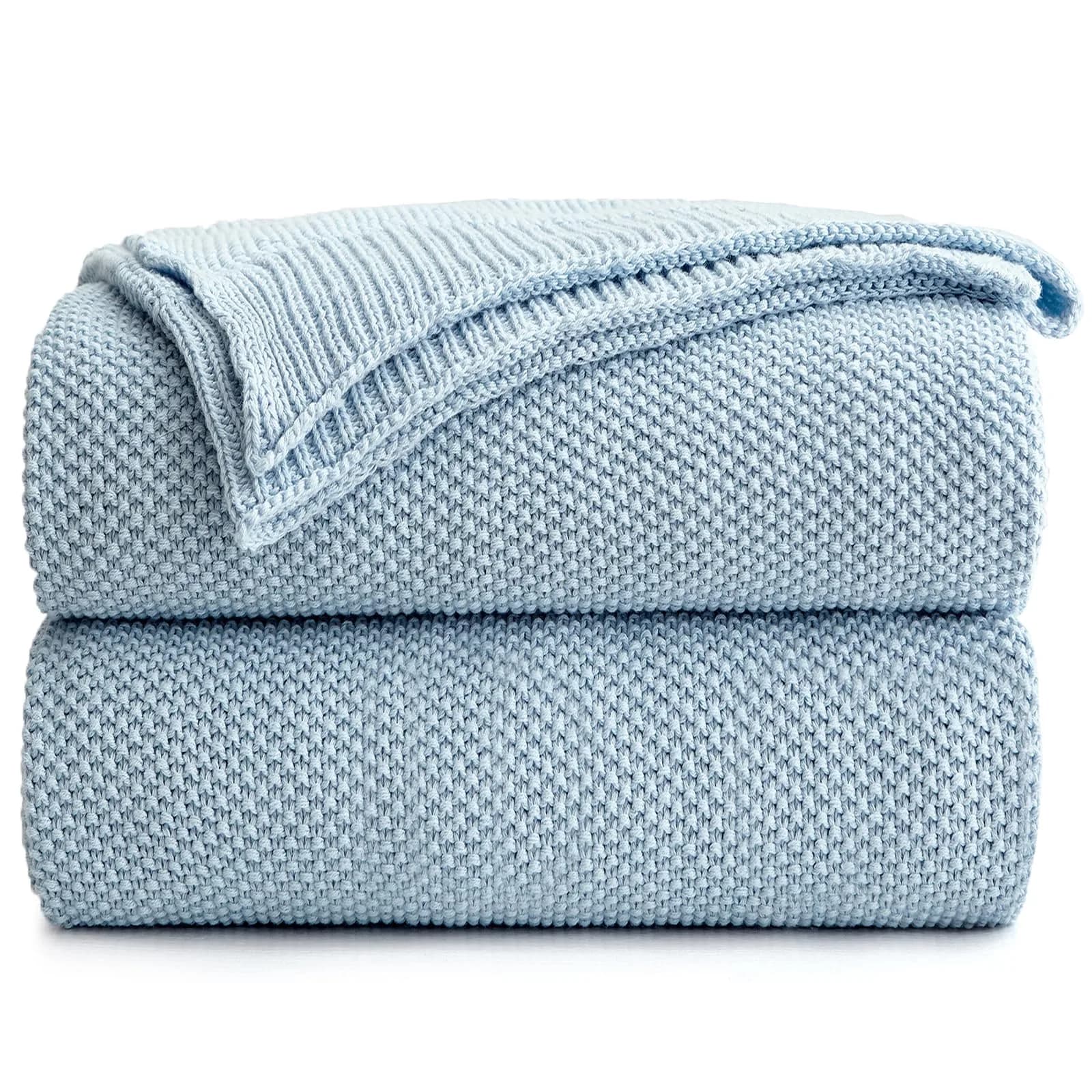 Longhui bedding 100% Cotton Light Blue Cable Knit Throw Blanket for Couch Sofa Bed Home Décor – Lightweight 50" x 60"