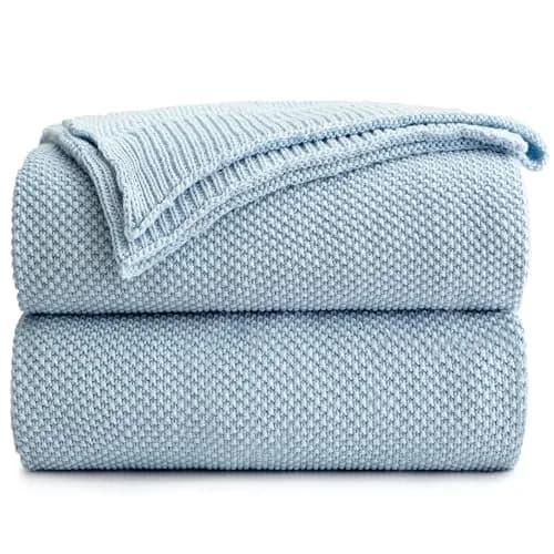 Longhui bedding 100% Cotton Light Blue Cable Knit Throw Blanket for Couch Sofa Bed Home Décor – Lightweight 50" x 60" thumbnail 1
