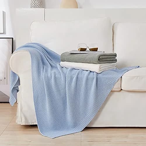 Longhui bedding 100% Cotton Light Blue Cable Knit Throw Blanket for Couch Sofa Bed Home Décor – Lightweight 50" x 60" thumbnail 5