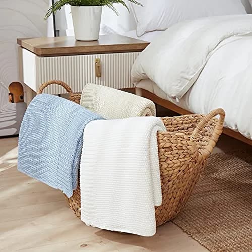 Longhui bedding 100% Cotton Light Blue Cable Knit Throw Blanket for Couch Sofa Bed Home Décor – Lightweight 50" x 60" thumbnail 7