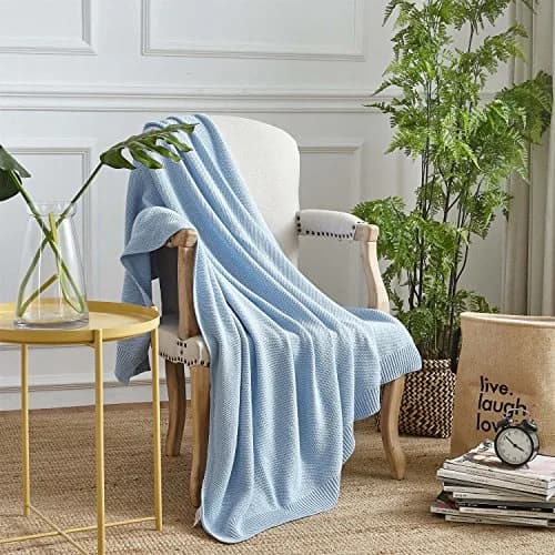 Longhui bedding 100% Cotton Light Blue Cable Knit Throw Blanket for Couch Sofa Bed Home Décor – Lightweight 50" x 60" thumbnail 8