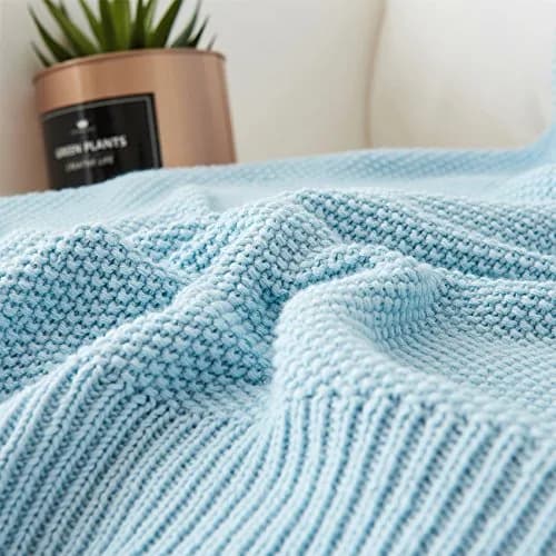 Longhui bedding 100% Cotton Light Blue Cable Knit Throw Blanket for Couch Sofa Bed Home Décor – Lightweight 50" x 60" thumbnail 3