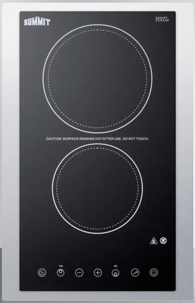 Summit 15" 2 Burner Electric Cooktop, Black - CR2B23T3BTK15 | 230V Radiant Surface with Digital Touch Controls