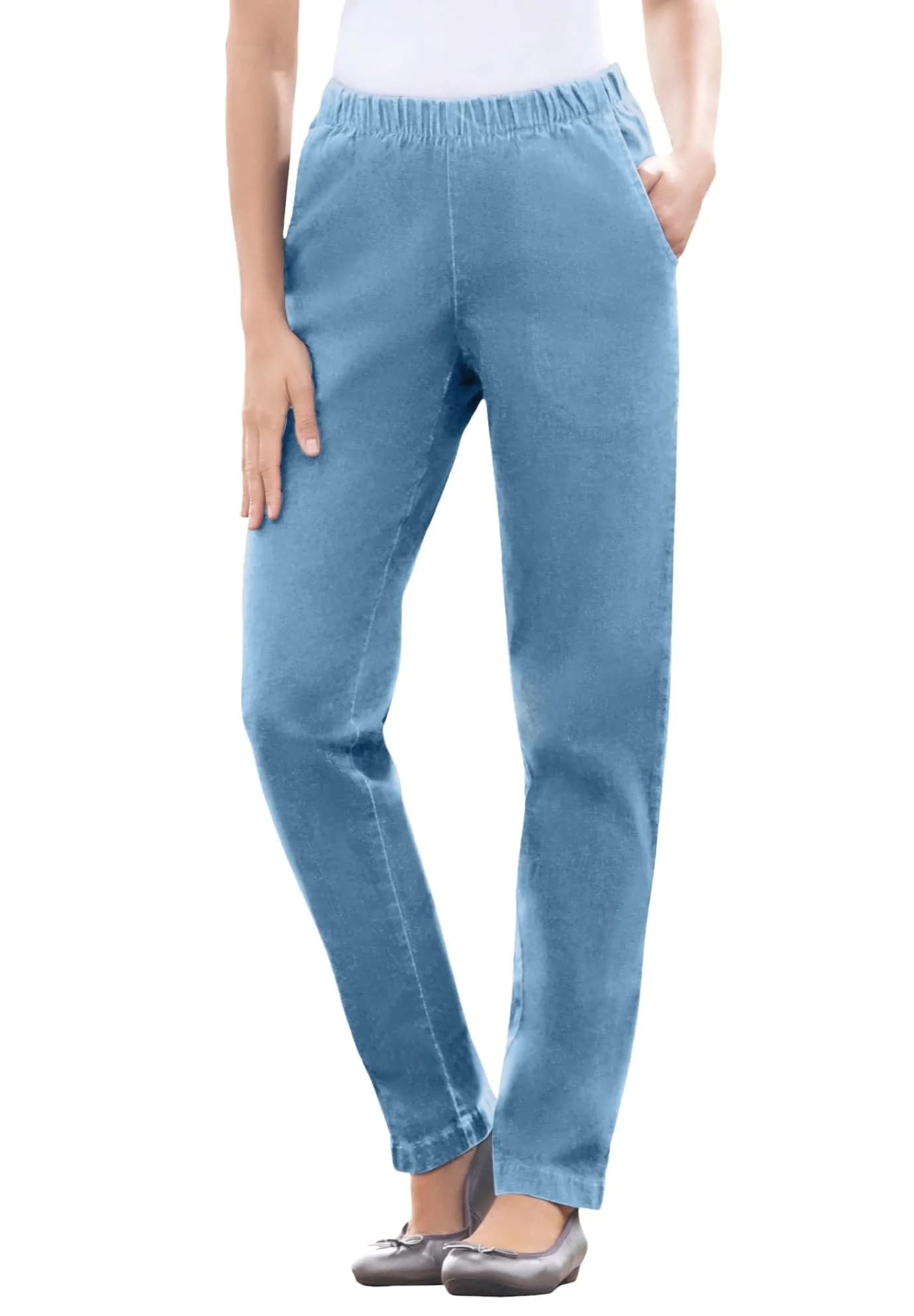 Woman Within Fineline Pull-On Elastic Waist Straight-Leg Stretch Denim Jeans Light Stonewash | Comfortable Plus Size Fit