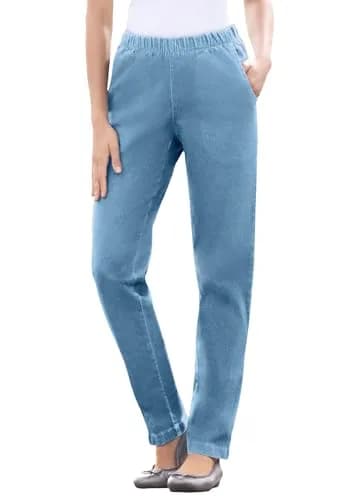 Woman Within Fineline Pull-On Elastic Waist Straight-Leg Stretch Denim Jeans Light Stonewash | Comfortable Plus Size Fit thumbnail 1