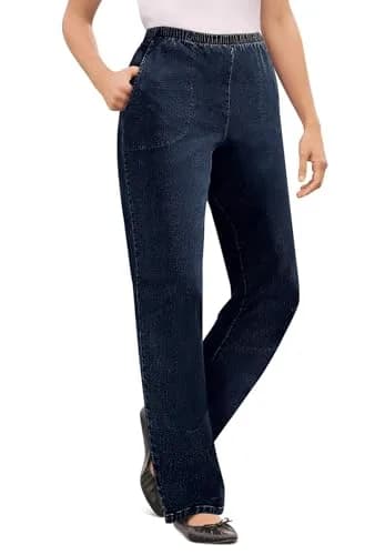 Woman Within Fineline Pull-On Elastic Waist Straight-Leg Stretch Denim Jeans Light Stonewash | Comfortable Plus Size Fit thumbnail 4