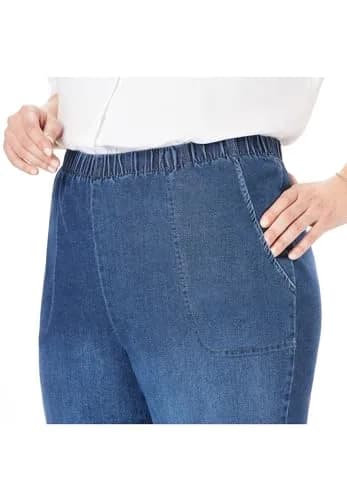 Woman Within Fineline Pull-On Elastic Waist Straight-Leg Stretch Denim Jeans Light Stonewash | Comfortable Plus Size Fit thumbnail 5