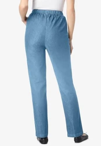 Woman Within Fineline Pull-On Elastic Waist Straight-Leg Stretch Denim Jeans Light Stonewash | Comfortable Plus Size Fit thumbnail 2