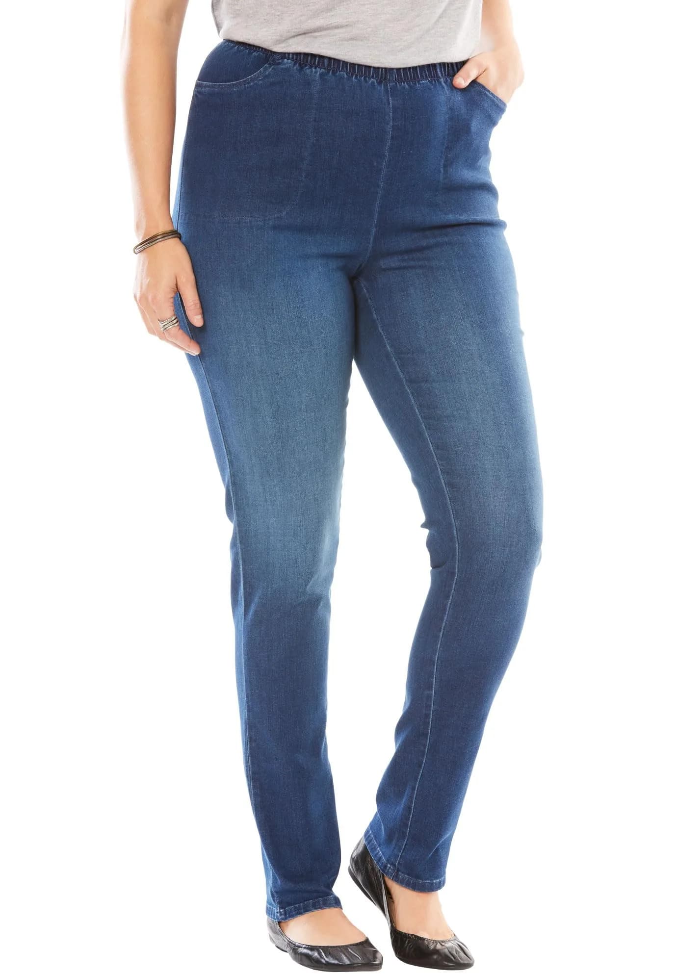Woman Within Fineline Plus Size Straight-Leg Pull-On Elastic Denim Jeans | High-Rise Comfort Fit (70-120 chars) — Stonewash Sanded