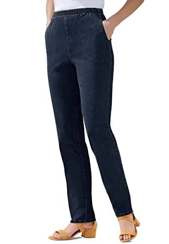 Woman Within Fineline Plus Size Straight-Leg Pull-On Elastic Denim Jeans | High-Rise Comfort Fit (70-120 chars) thumbnail 4