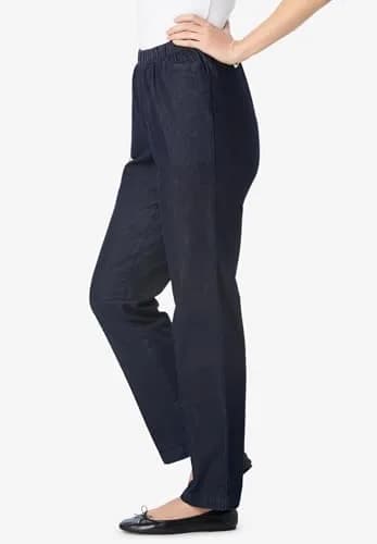 Woman Within Fineline Plus Size Straight-Leg Pull-On Elastic Denim Jeans | High-Rise Comfort Fit (70-120 chars) thumbnail 7