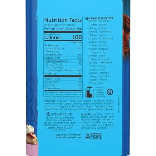 Sunwarrior Vegan Organic Protein Powder Plant-Based | Berry 30 Servings | BCAA & Hemp Seed thumbnail 2