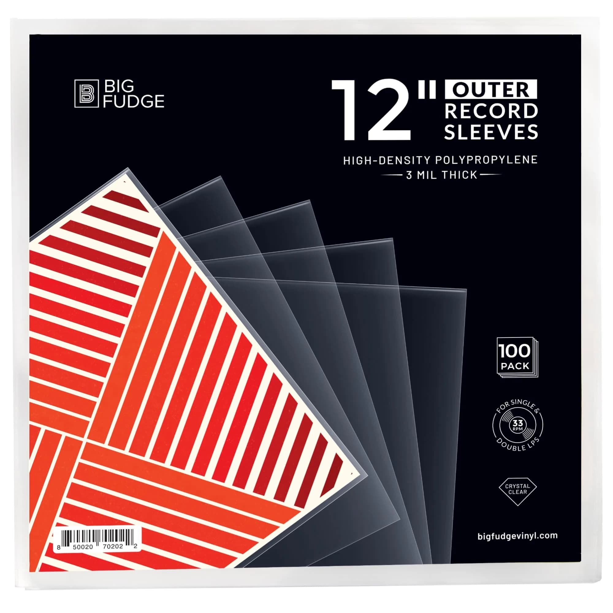 Big Fudge 12" Vinyl Record Sleeves - Outer Sleeves 100 Pack - Crystal Clear High-Density Polypropylene Vinyl Covers — Outer Sleeves
