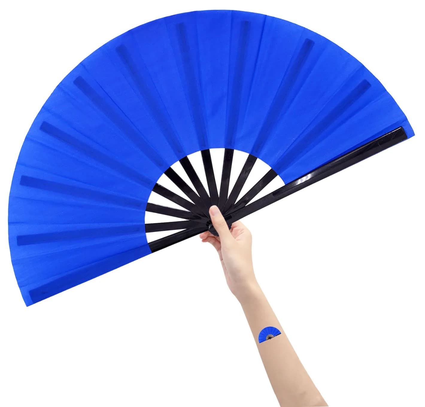 Amajiji Large Folding Hand Fan Rave Fan, Red 35cm (13.78 inches) | Easy Open Nylon Cloth for Dance & Festivals — Blue