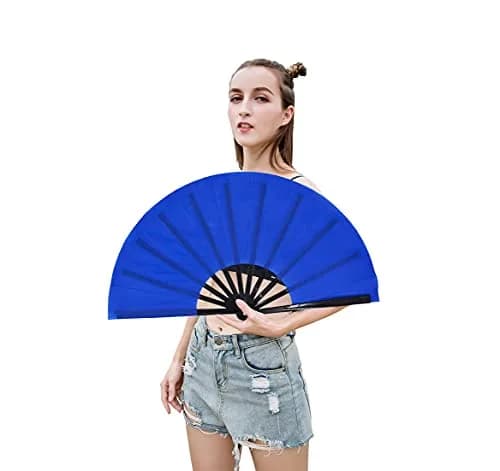 Amajiji Large Folding Fan Blue Nylon-Cloth Plastic Frame 35cm (13.78") | Quick-Open Handheld Fan for Dance & Festivals thumbnail 5