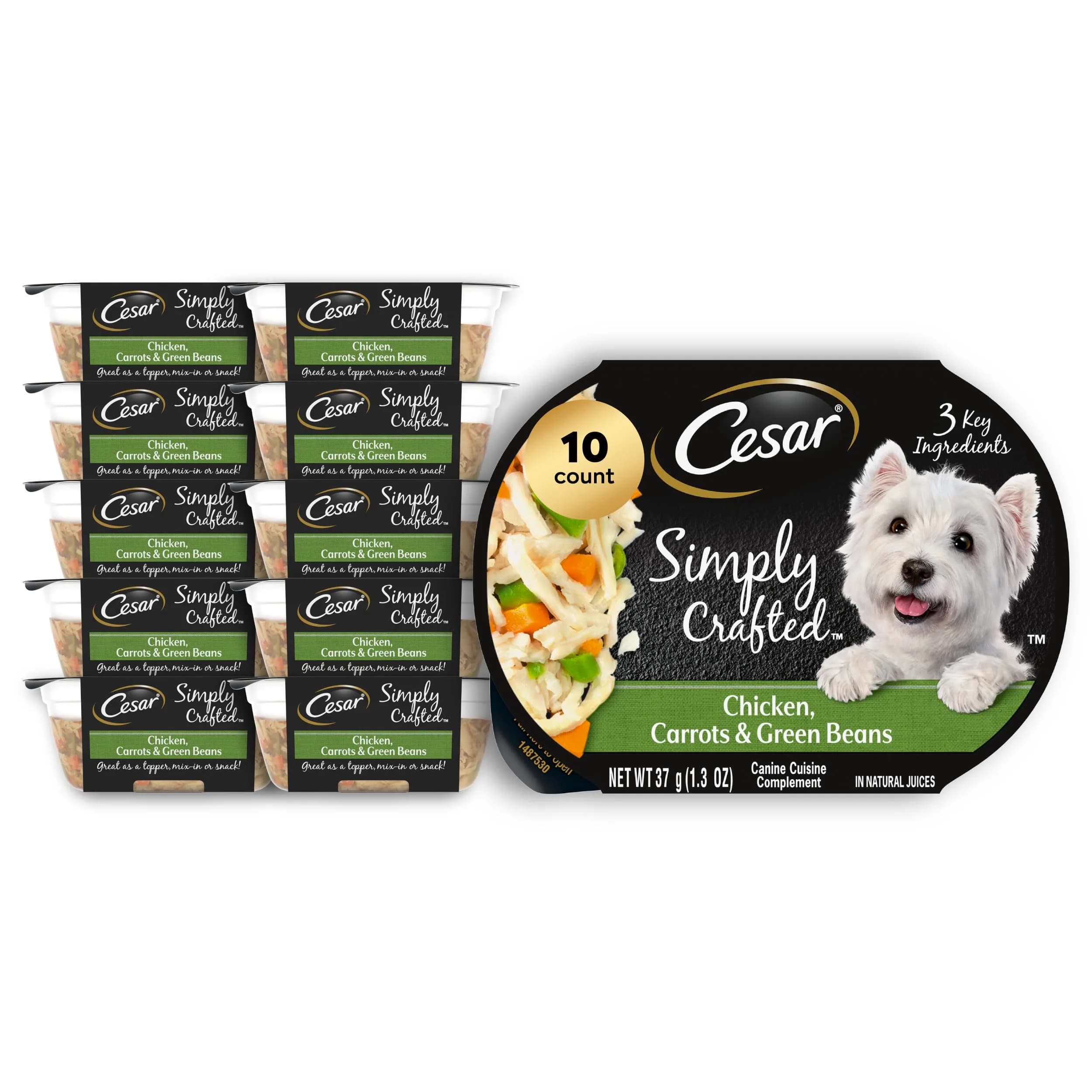 Cesar Simply Crafted Dog Food Toppers, Chicken & Green Beans, 1.3 oz, 10 ct | Real Chicken & Veggies, Easy to Digest