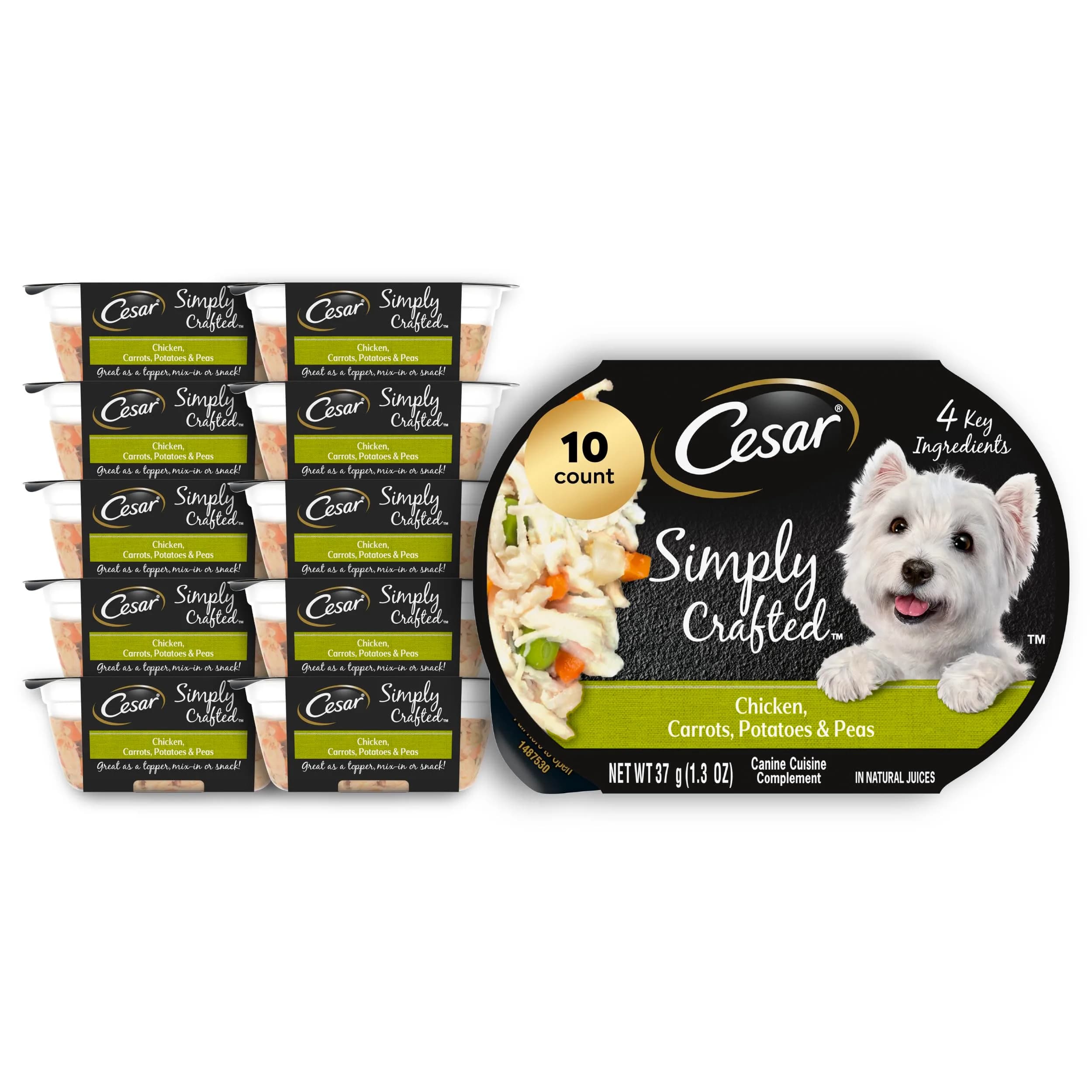 Cesar Simply Crafted Wet Dog Food Toppers, Chicken & Peas, 1.3 oz, 10 Count | Real Chicken & Veggies thumbnail 1