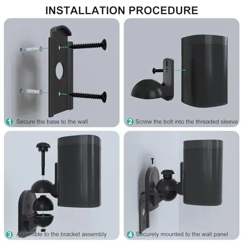 WALI Black 4 Pack Speaker Wall Mount Brackets | 3.5 kg (7.7 Lbs) Capacity, 70° Swivel, 20° Tilt thumbnail 8