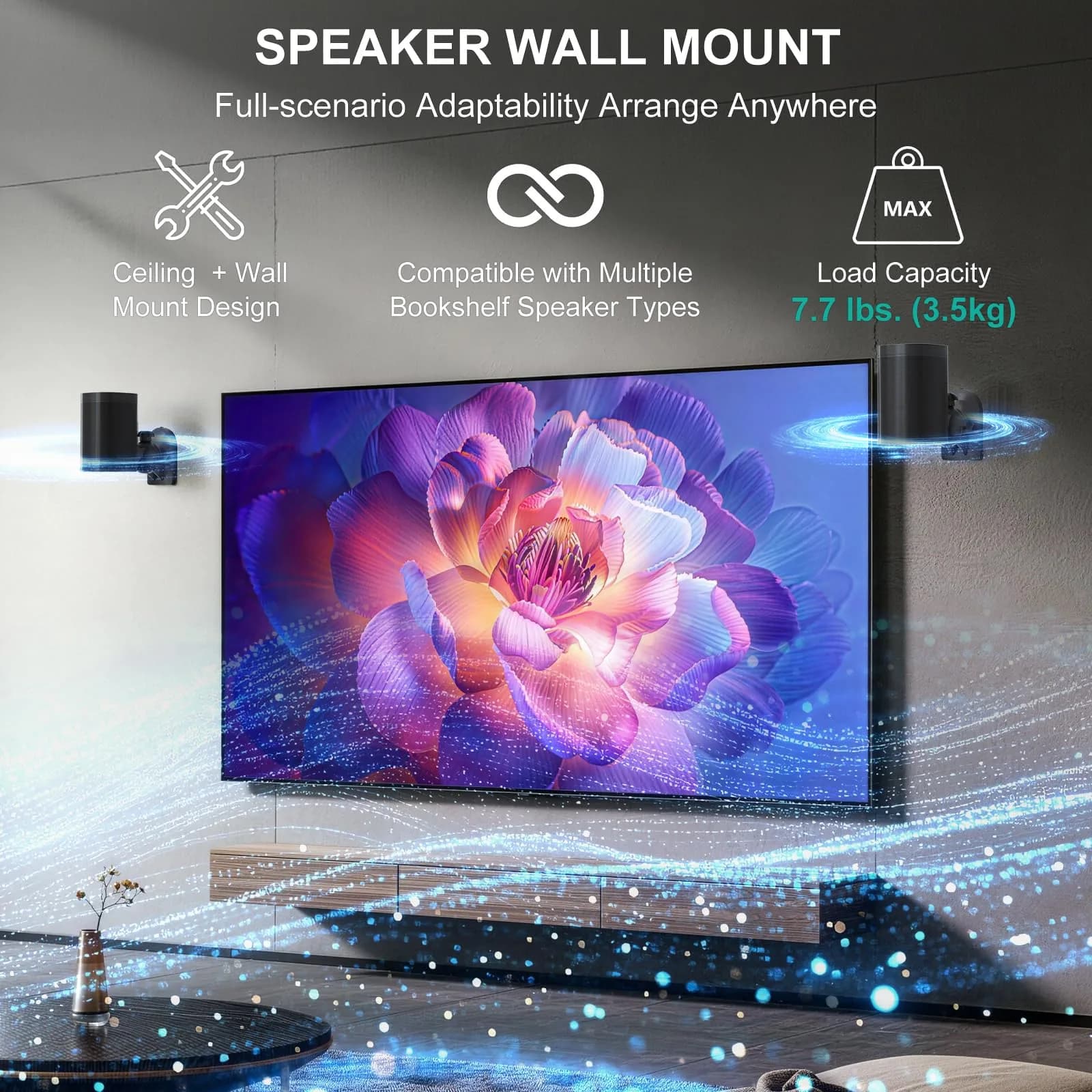 WALI Black 4 Pack Speaker Wall Mount Brackets | 3.5 kg (7.7 Lbs) Capacity, 70° Swivel, 20° Tilt - view 2