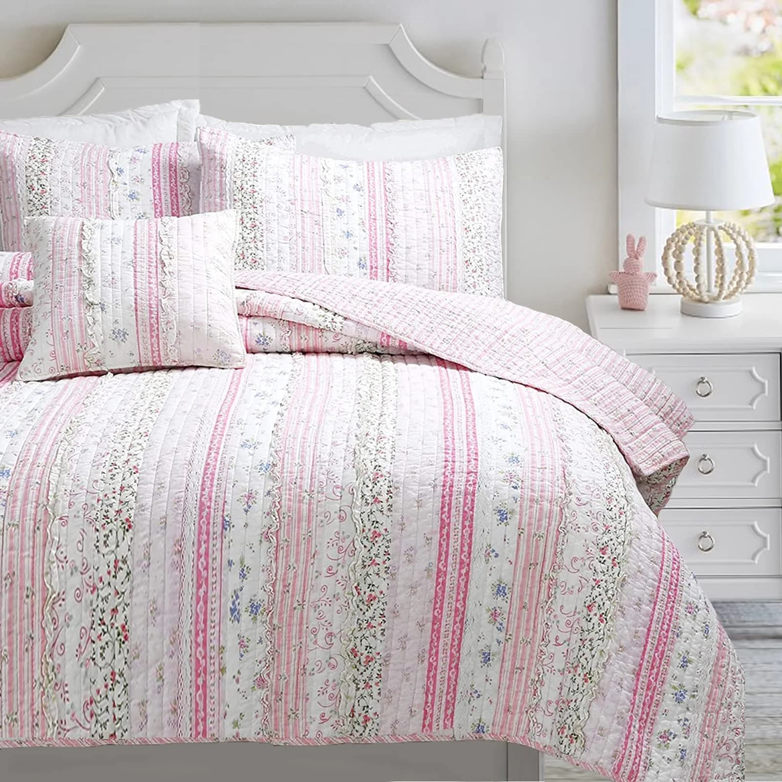 Cozy Line Home Fashions Pink Flower Lace Ruffle Stripe Reversible Quilt Bedding Set, Queen | Shabby Chic Cotton — Pink Lace