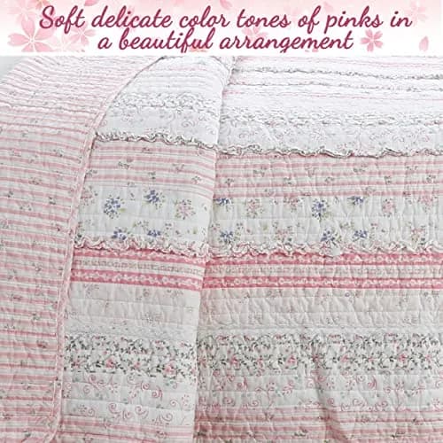 Cozy Line Home Fashions Pink Flower Lace Ruffle Stripe Reversible Quilt Bedding Set, Queen | Shabby Chic Cotton thumbnail 5