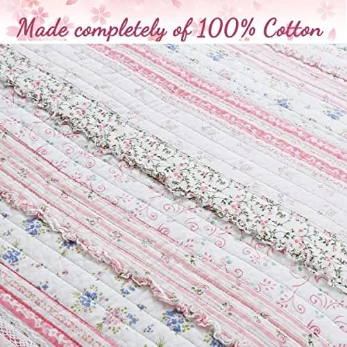 Cozy Line Home Fashions Pink Flower Lace Ruffle Stripe Reversible Quilt Bedding Set, Queen | Shabby Chic Cotton thumbnail 3